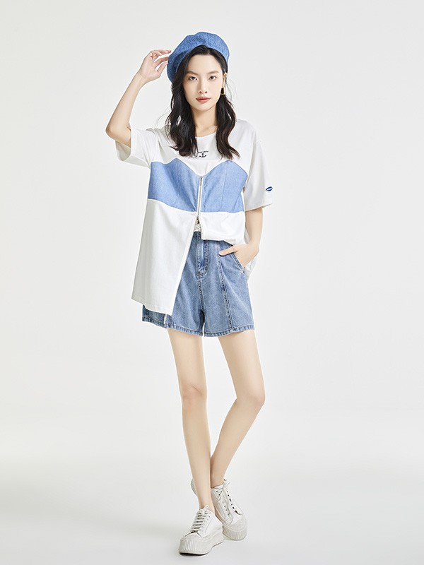 迪笛欧女装2023春夏季蓝色短裤