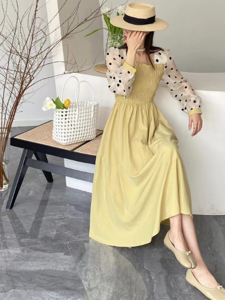 临蔻LINKOU女装2023春夏季黄色连衣裙