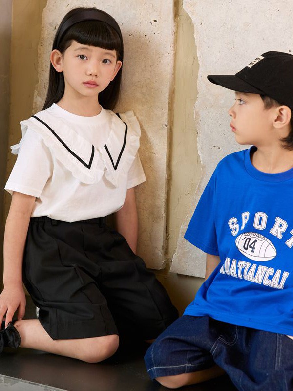 花田彩童装2023春夏季蓝色T恤