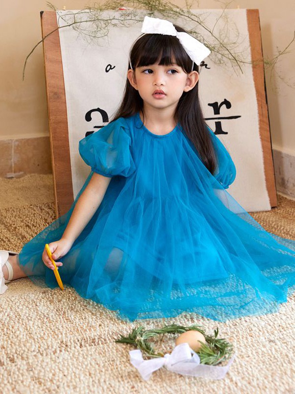 花田彩童装2023春夏季蓝色连衣裙