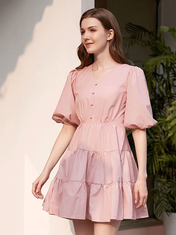 欧禾女装2023春夏季粉色连衣裙