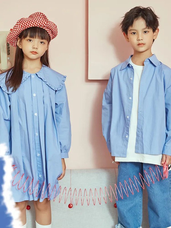 林淼童装2023春夏季蓝色衬衫裙