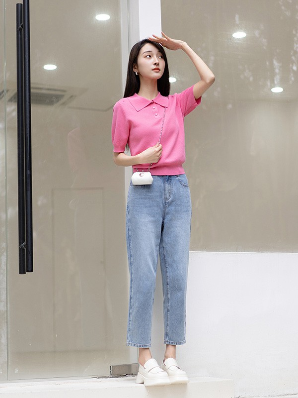 艾莱依羽绒服2023春夏季粉色polo衫