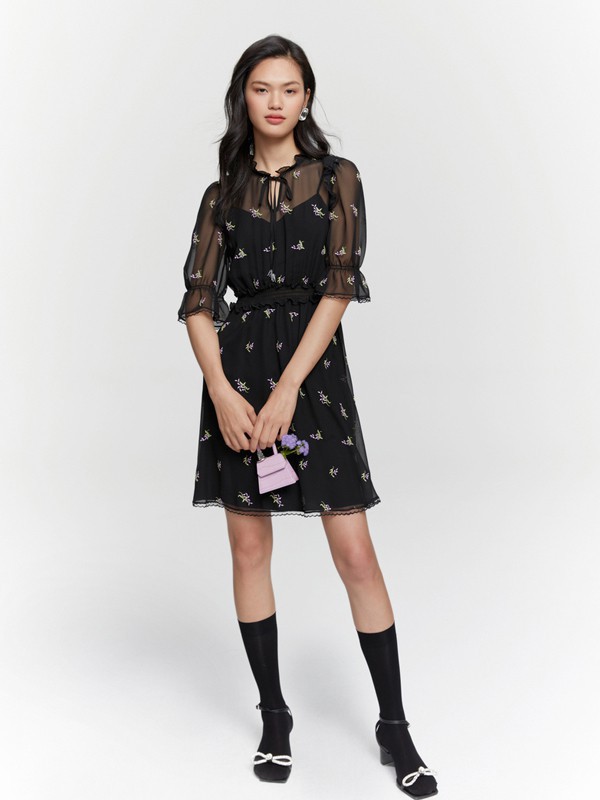 爱丽娜米罗女装2023春夏季黑色连衣裙