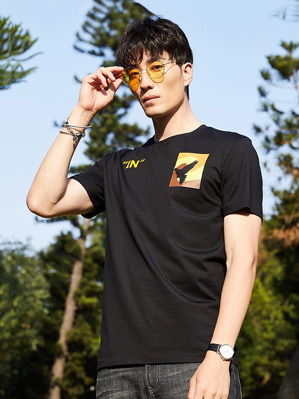 才子休闲装2023春夏季黑色T恤