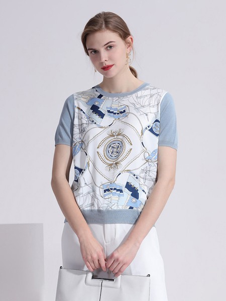 兆君羊衫毛衫2023春夏季蓝色T恤