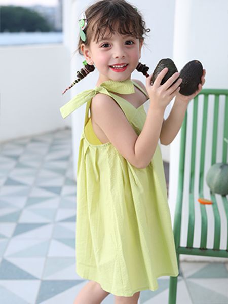 卡儿菲特童装2023春夏季绿色吊带裙