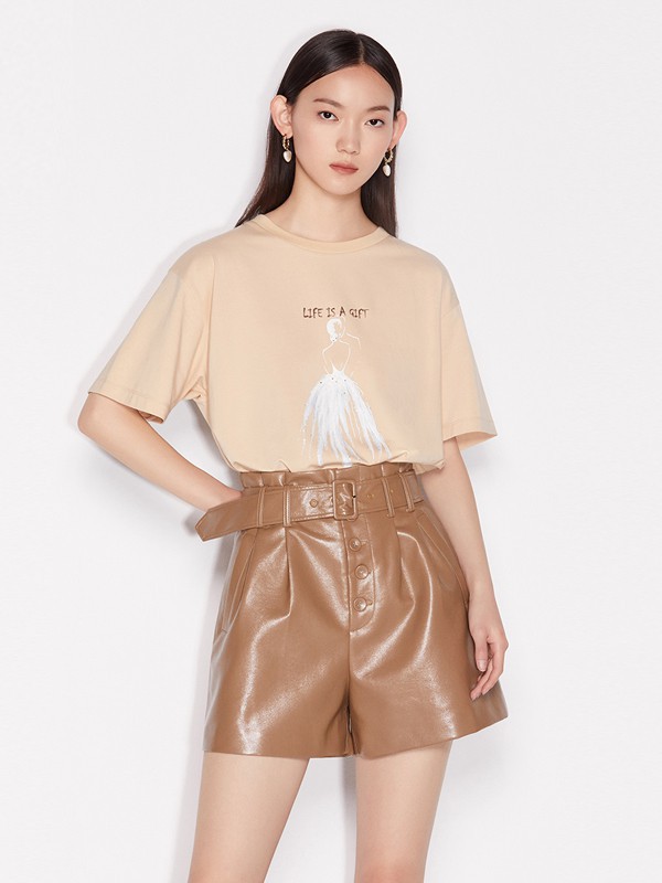 欧时力女装2023春夏季卡其色T恤