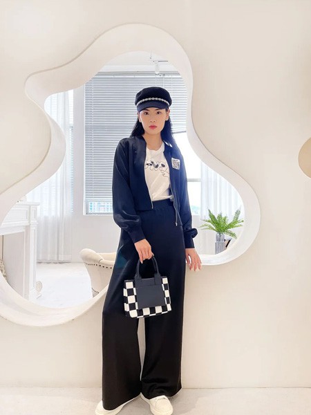 卡汶女装2023春夏季藏蓝色阔腿裤