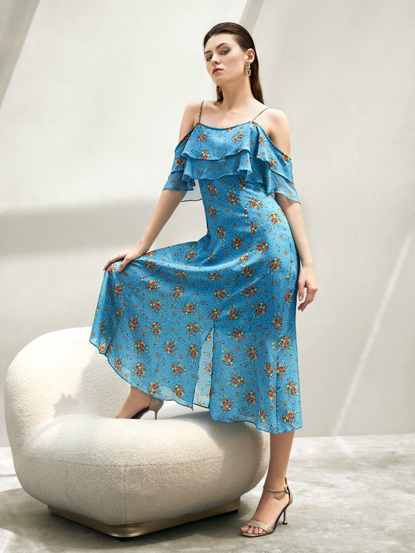 图案女装2023春夏季蓝色连衣裙