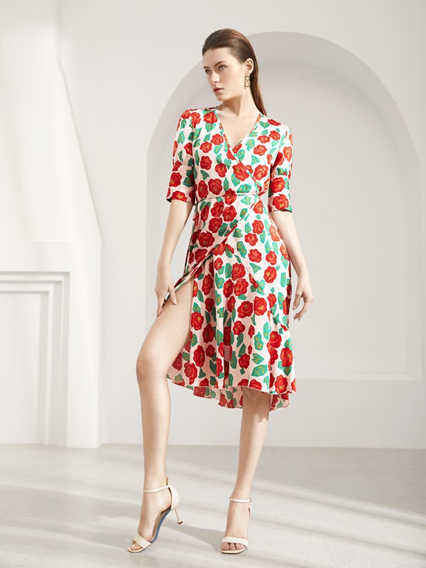 图案女装2023春夏季绿色连衣裙