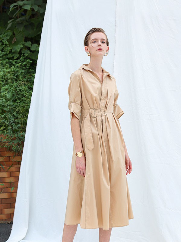 卡邦尼女装2023春夏季卡其色连衣裙