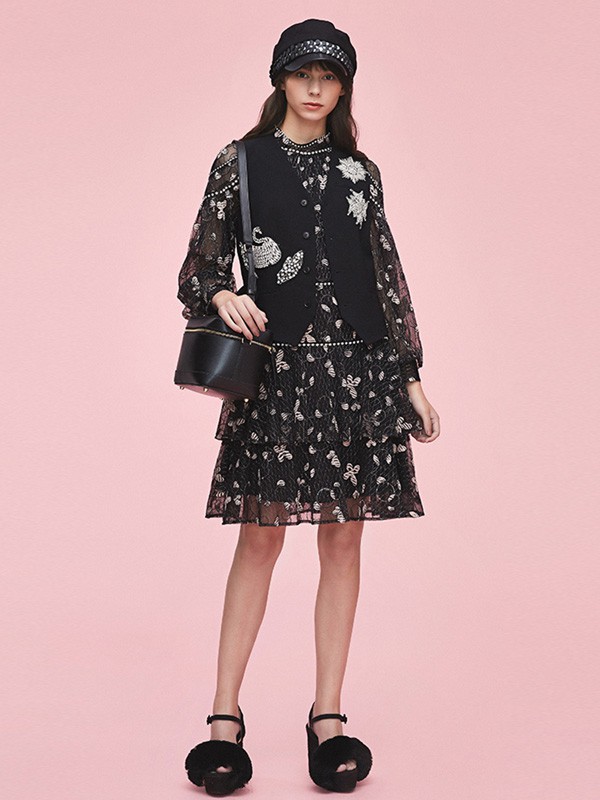 慕诗女装2023春夏季黑色连衣裙