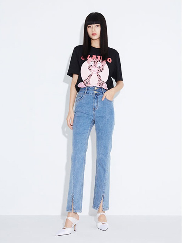 杰茜莱女装2023春夏季黑色T恤