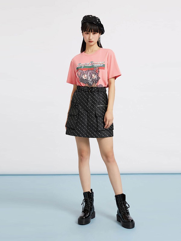 杰茜莱女装2023春夏季粉色T恤