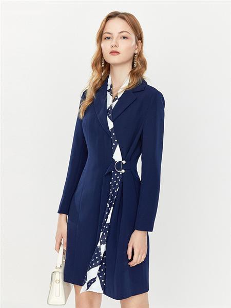 影儿时尚集团女装2023春夏季藏蓝色连衣裙