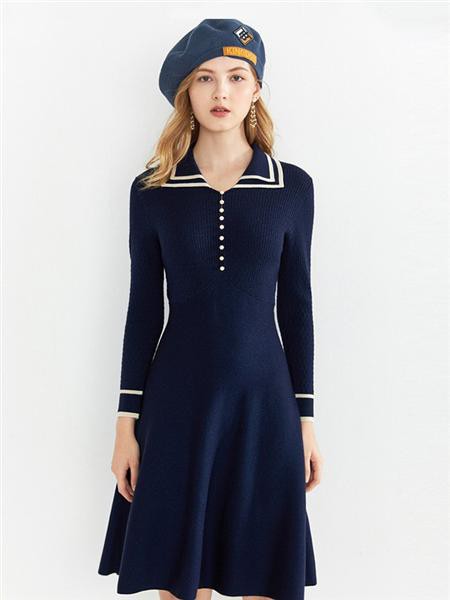 影儿时尚集团女装2023春夏季藏蓝色连衣裙