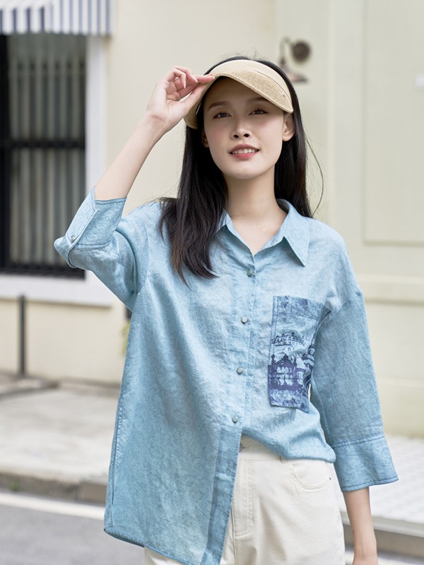 安缇诗女装2023春夏季蓝色衬衫