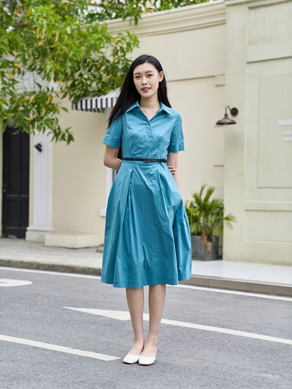 安缇诗女装2023春夏季蓝色衬衫裙