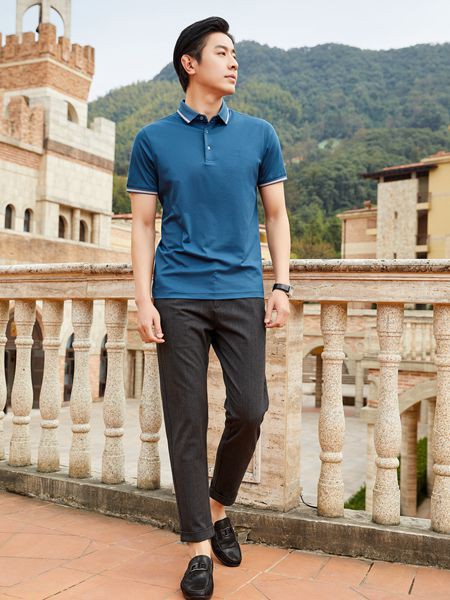 老爷车男装2023春夏季藏蓝色polo衫
