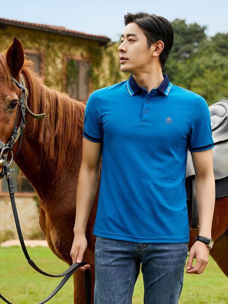 老爷车男装2023春夏季蓝色polo衫