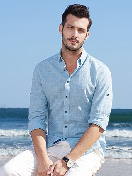 希努尔男装2023春夏季蓝色衬衫