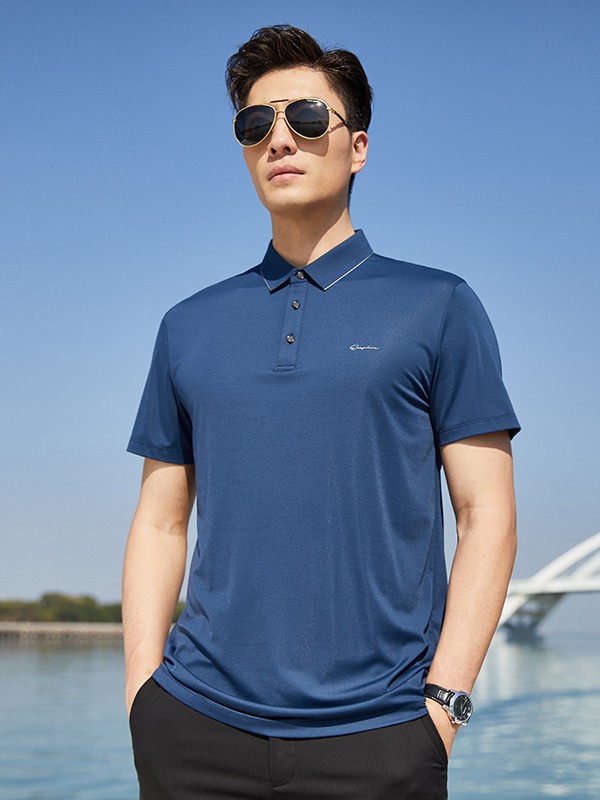 才子男装2023春夏季藏蓝色polo衫
