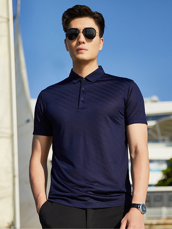 才子男装2023春夏季藏蓝色polo衫