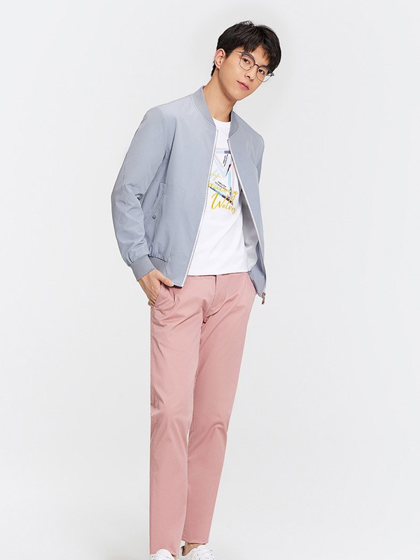 与狼共舞男装2023春夏季粉色长裤