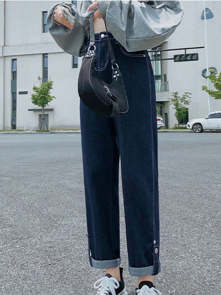 潮流前线休闲装2022秋冬季藏蓝色阔腿裤