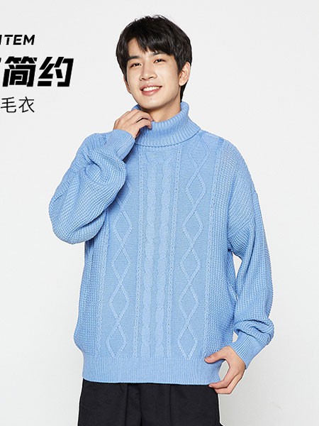 潮流前线休闲装2022秋冬季蓝色毛衣