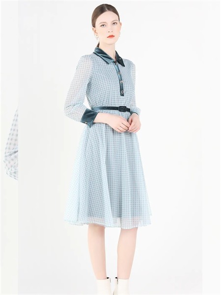 红凯贝尔女装2023春夏季蓝色连衣裙