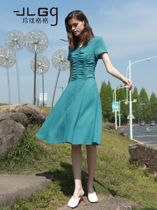 玲珑格格女装2023春夏季蓝色连衣裙