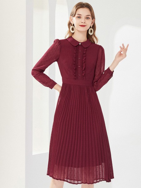 经典故事女装2023春夏季酒红色连衣裙