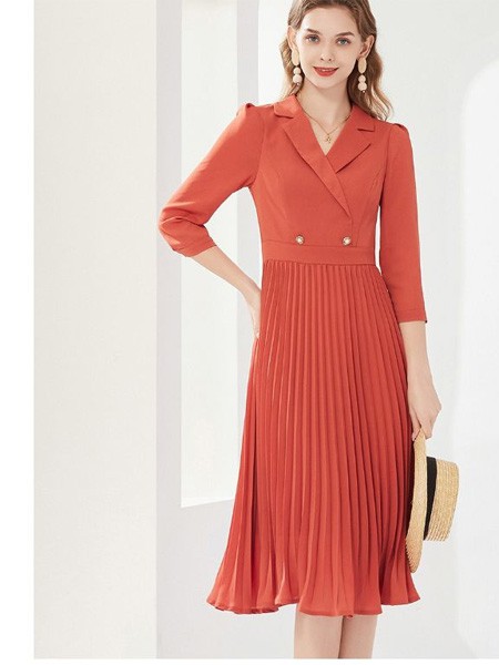 经典故事女装2023春夏季橙色连衣裙