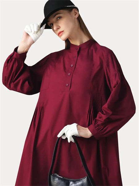 希色女装2023春夏季酒红色衬衫裙