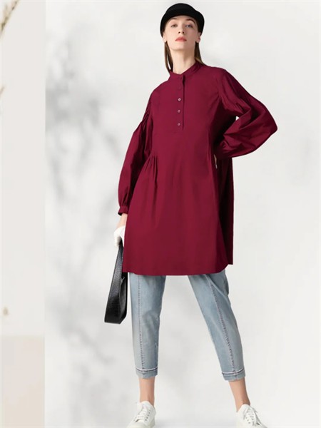 希色女装2023春夏季酒红色衬衫