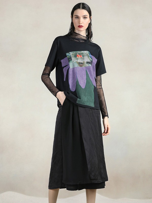 达衣岩女装2023春夏季黑色T恤