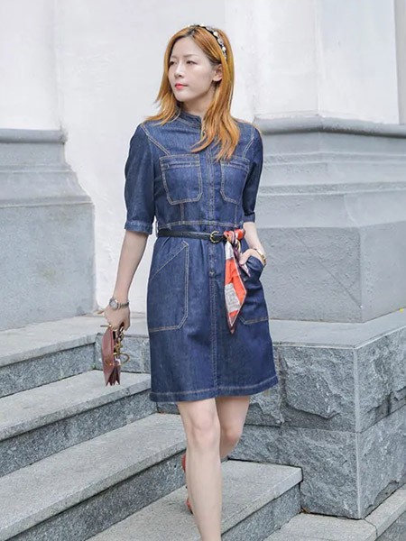 梵凯女装2023春夏季藏蓝色衬衫裙