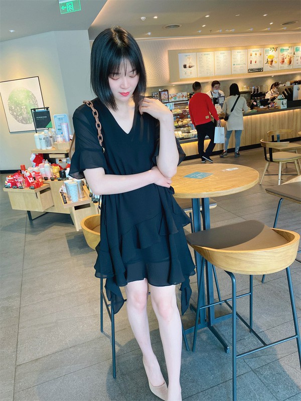 歌瑞丝芬女装2023春夏季黑色连衣裙