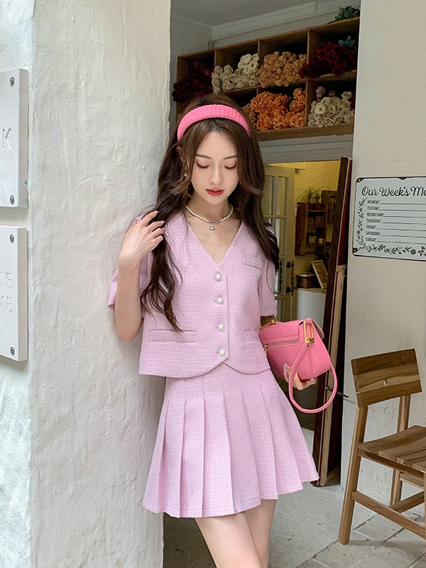 引若2023春夏季粉色百褶裙