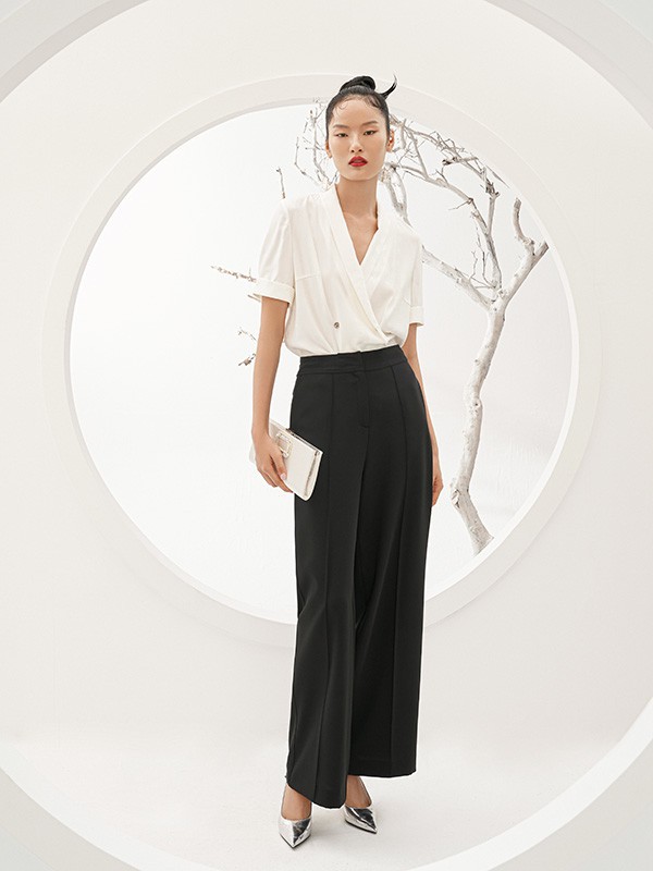 纷丽女装2023春夏季黑色阔腿裤