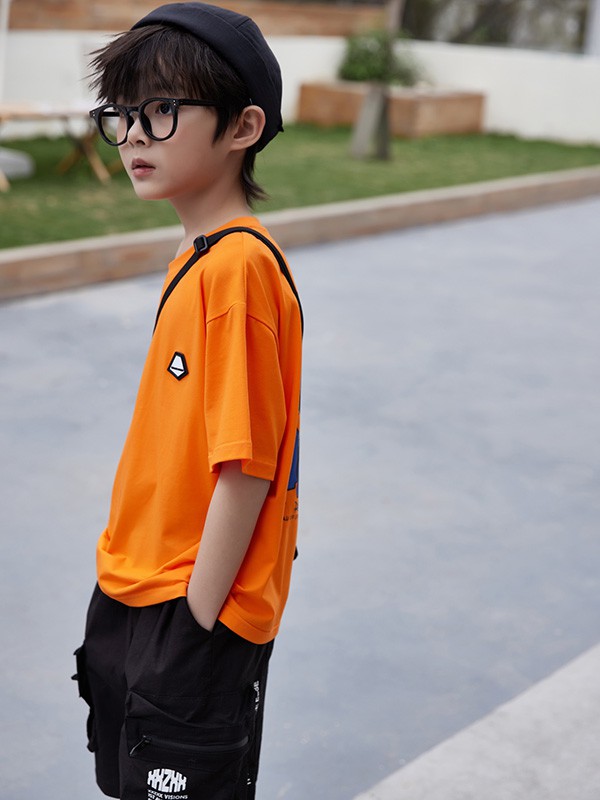 猫咪精灵童装2023春夏季橙色T恤