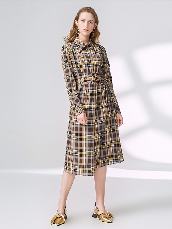 迪卡轩女装2023春夏季棕色衬衫裙