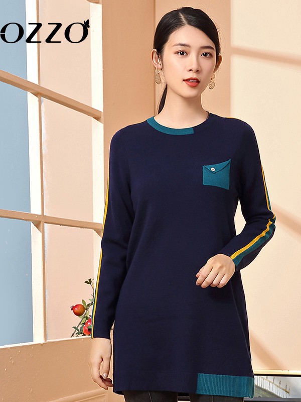 欧尼迩女装2022秋冬季藏蓝色连衣裙