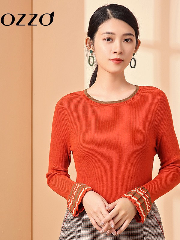 欧尼迩女装2022秋冬季橙色针织衫