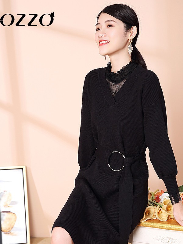 欧尼迩女装2022秋冬季黑色连衣裙