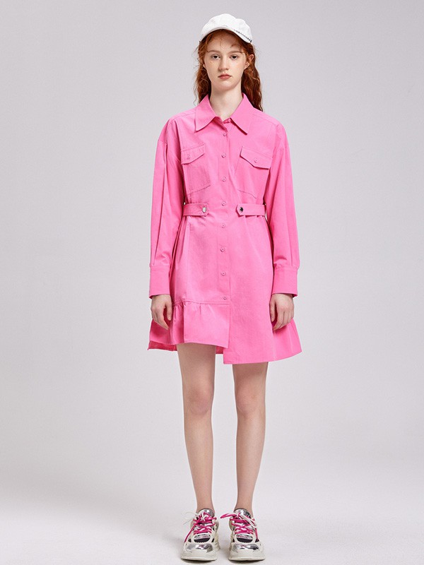 菀草壹女装2023春夏季粉色衬衫裙