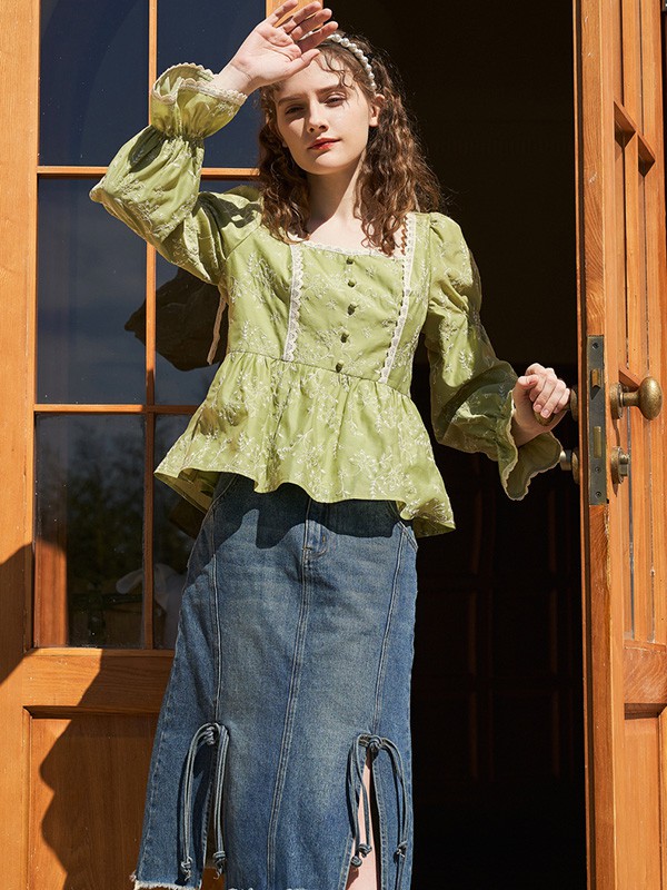 菀草壹女装2023春夏季绿色衬衫