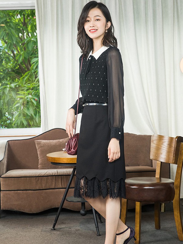 优美世界女装2023春夏季黑色连衣裙